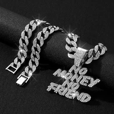Fashion Men Cuban Chain Diamond Letter Pendant Hip-hop Stainless Steel Necklace
