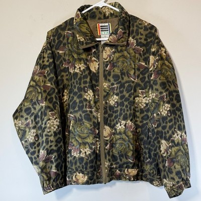 Vintage EVR Rousso %100 Silk Bomber Jacker Cheetah Floral Women's Medium Zip Up