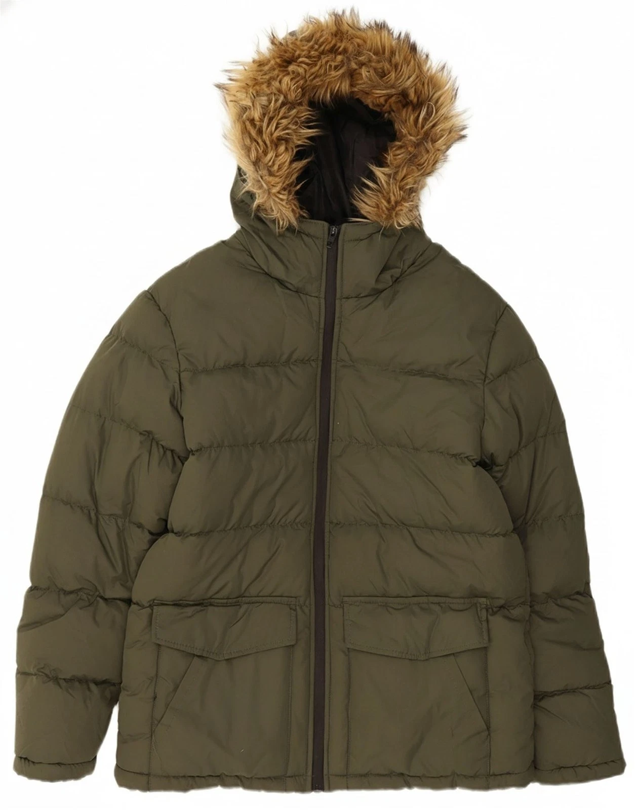 FRENCH CONNECTION Mens Hooded Padded Jacket UK 38 Medium Khaki Polyester AU15