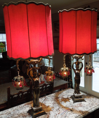 Over the Top Red Velvet Loevsky & Loevsky Hollywood Regency Pair of Table Lamps
