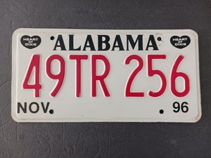 1996 Alabama License Plate 49 TR 256 Heart of Dixie