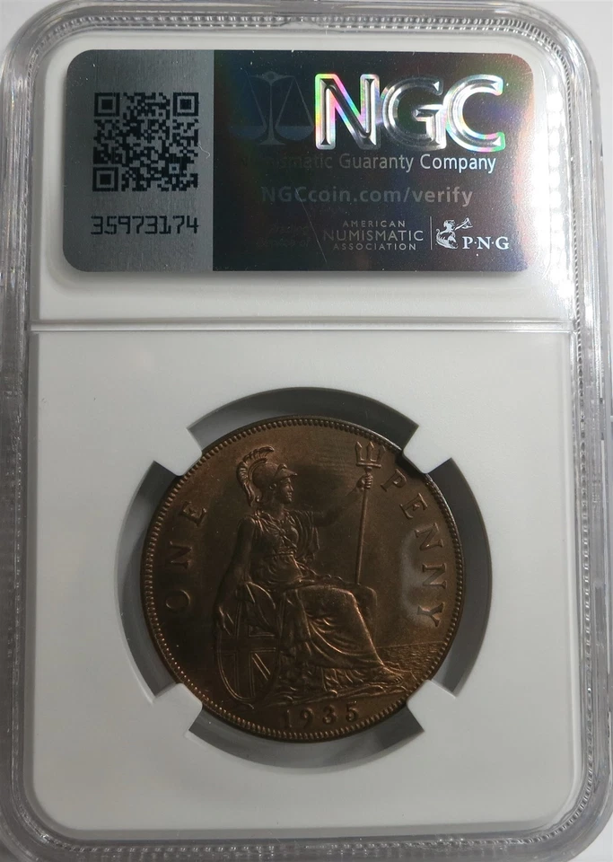GREAT BRITAIN UK England 1 Penny 1935 NGC MS 65 RB UNC Bronze King George RED - Image 4 of 4