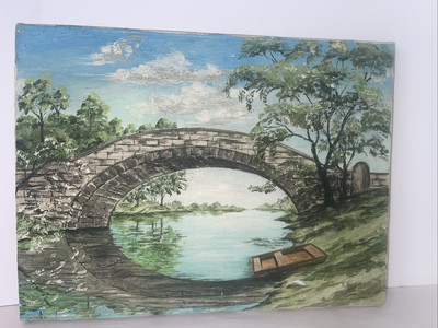 Stone Bridge River Stream Landscape Painting 16x12 Canvas Signed Vintage 1977