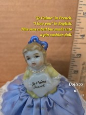 "Je t'aime" in French. "I love you" in English. Bell. Pin cushion doll. Vintage