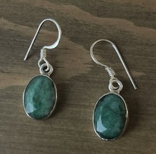 925 Solid Sterling Silver Cut Green Emerald Hook Earrings .5  
