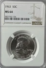 1963 50c Franklin Silver Half Dollar Fifty Cents NGC MS64