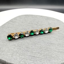 Gold Tone Green Clear Rhinestone Hair Barrette Clip Prong Set Bridal Accessory