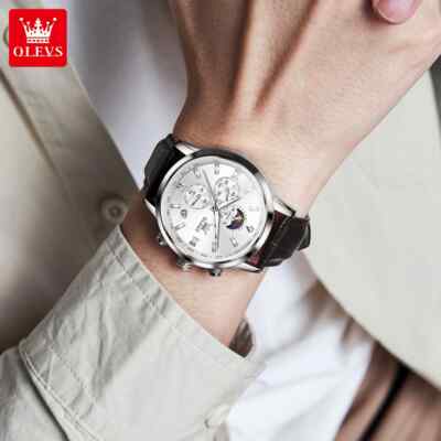 watch moon phase dial quartz men's men waterproof leather luminous olevs steel