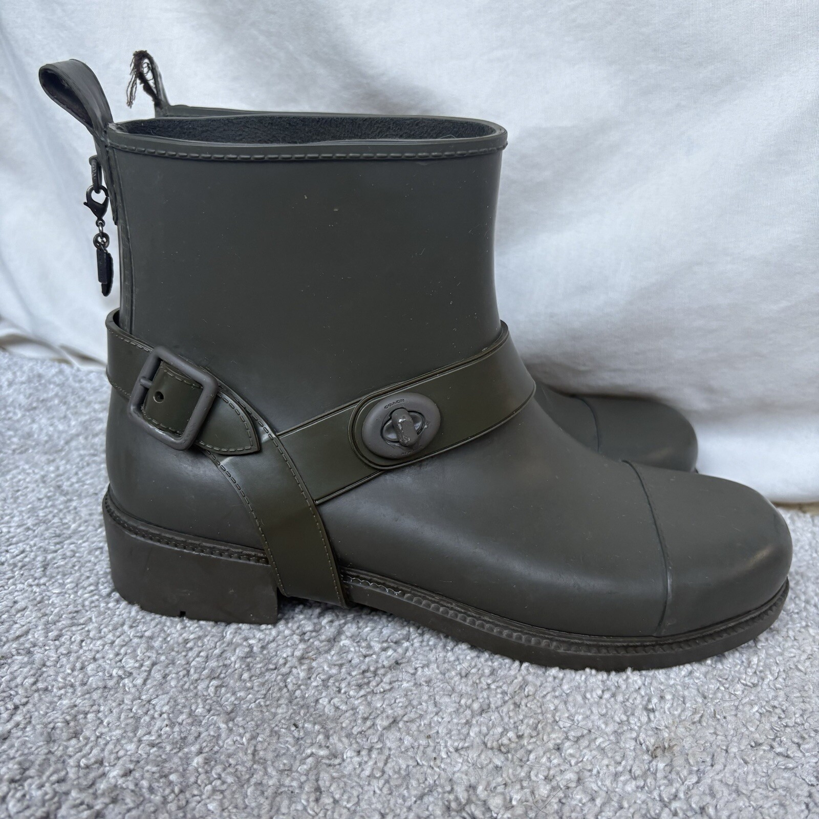 Coach Olive Green Moto Rain Boots Size 9 with Buckle Logo for Women