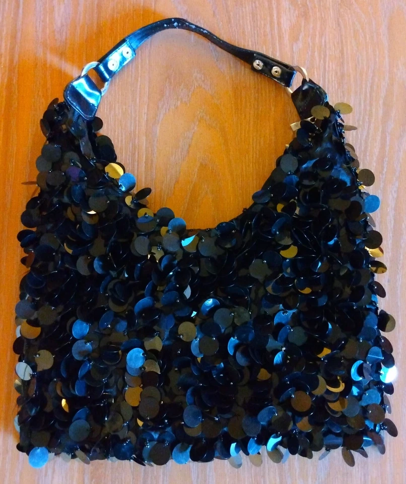 Cartera Brillante Años 90 Bolso con Cuentas Plateadas con Correa Ajustable Negra Vintage Club A3 Foto 2 de 4