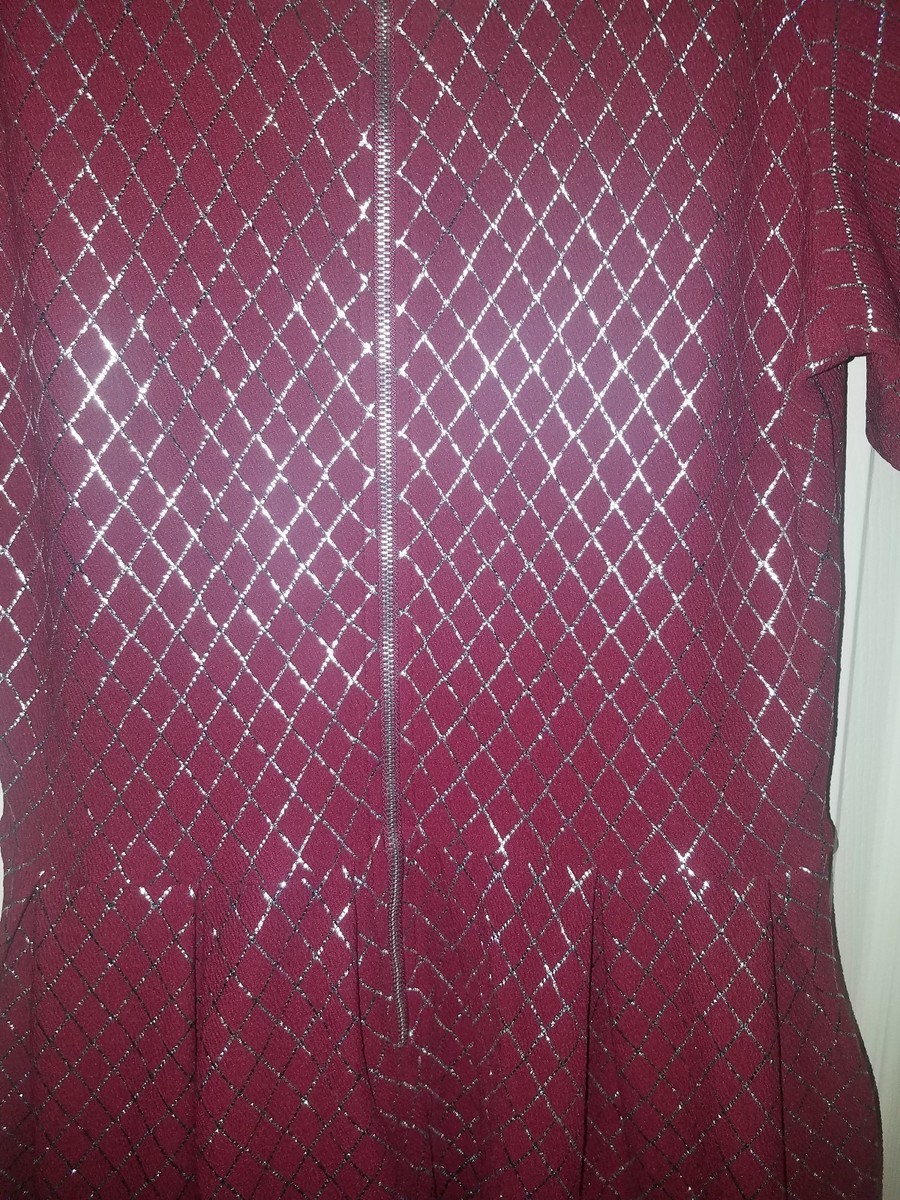 Robe LulaRoe XL Rouge-bourgogne à Motifs Argent - Manches Courtes, Fermeture Zip - Neuve