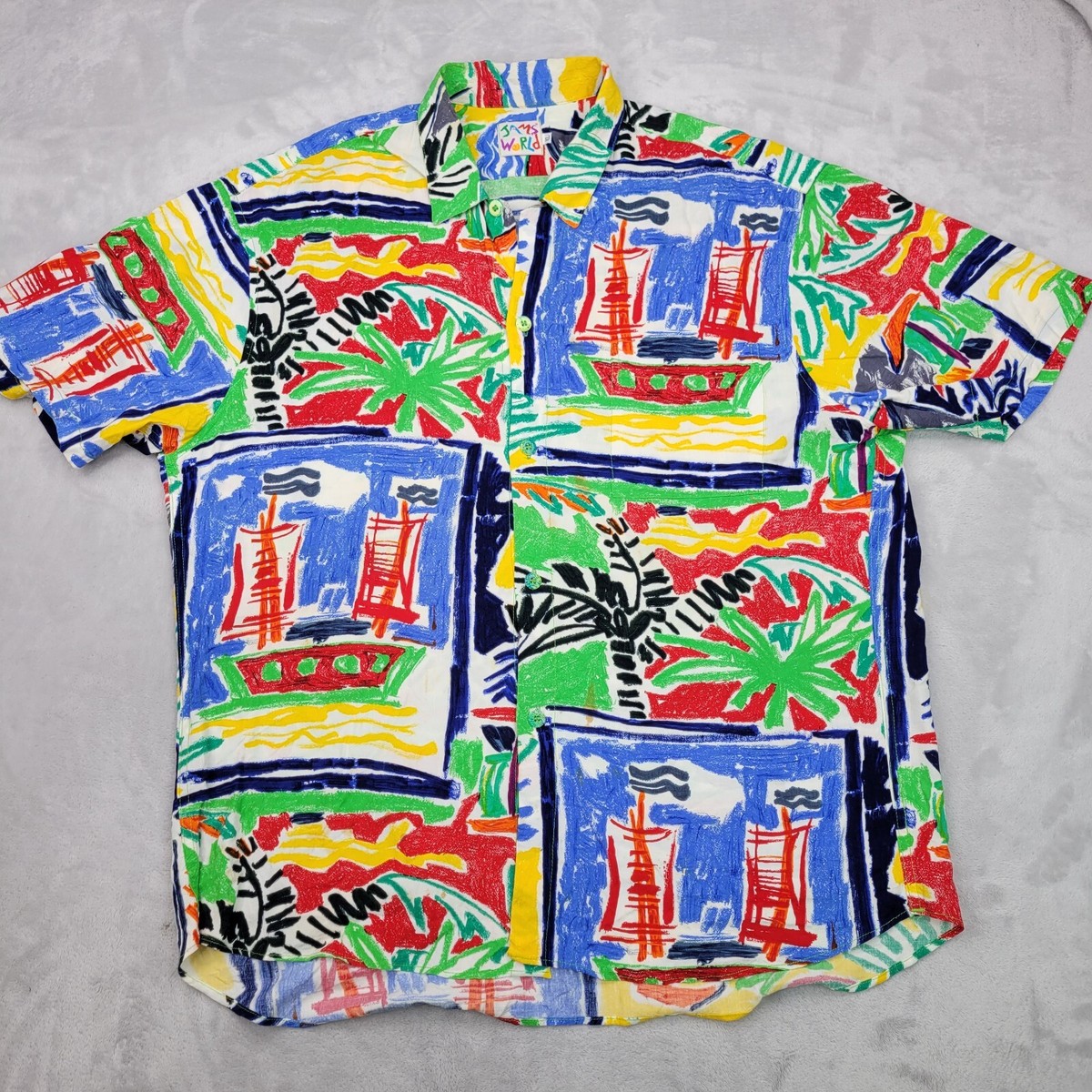 Jams World Shirt Mens XL Rayon Hawaiian Floral Button Up Sail Boat 