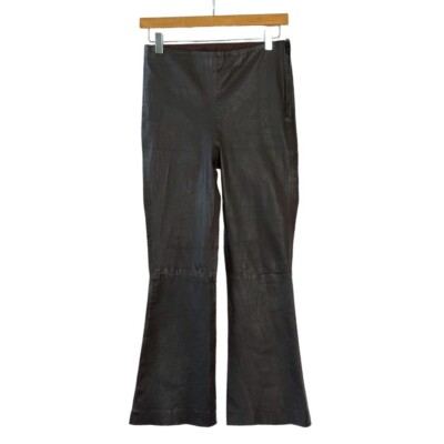 Zara Brown Sheep Skin Stretch Leather Mid Rise Flare Crop Pants Size M NWT