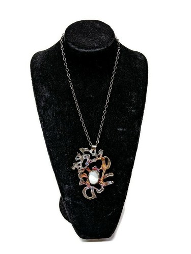 Silver Pendant Necklace White Agate Brutalist Abstract Artisan Scandinavian 830 - Picture 2 of 12