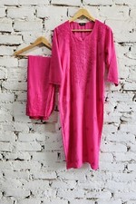 Handmade Pink Silk Chikankari Kurta Palazzo Set for Women, Indian Salwar kameez