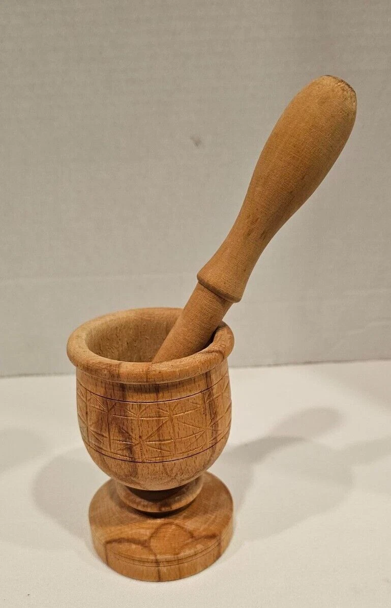 Vintage Russian Ukraine Natural Wooden Mortar And Pestle Hand Carved