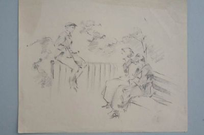 Two young women in conversation, pencil, circa 1920