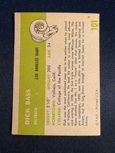 1961 FLEER FOOTBALL #101 DICK BASS (RC)!! $1 SHIPPING!! - Picture 2 of 2