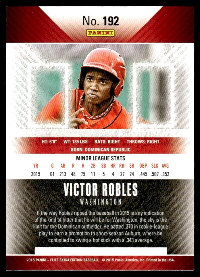 2015 Panini Elite Extra Edition Victor Robles Washington Nationals #192 R98 - Image 2 of 2