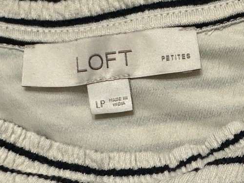 Loft Tiered Short Sleeve Knee Length Gray & Black Striped Dress Pockets Petite L - Picture 3 of 6