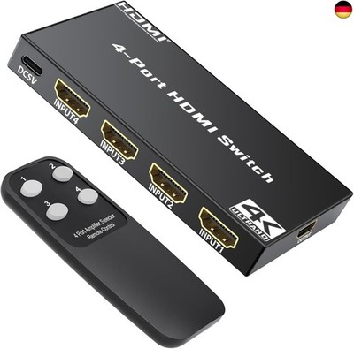 HDMI Switch 4K 30Hz, HDMI Umschalter 4 in 1 Out with IR Remote Control, 4 Port