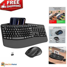 Ergonomic Wireless Keyboard Mouse Combo with Phone Holder, Black, Quiet Design