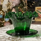 Vtg Fenton Art Glass Emerald Forest Green Ruffled 4.5" Flower Pot Attached Plate