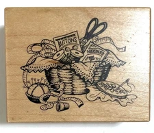 Country Sewing Basket Rubber Stamp Wood Mount PSX Designs 1.75x2.25"
