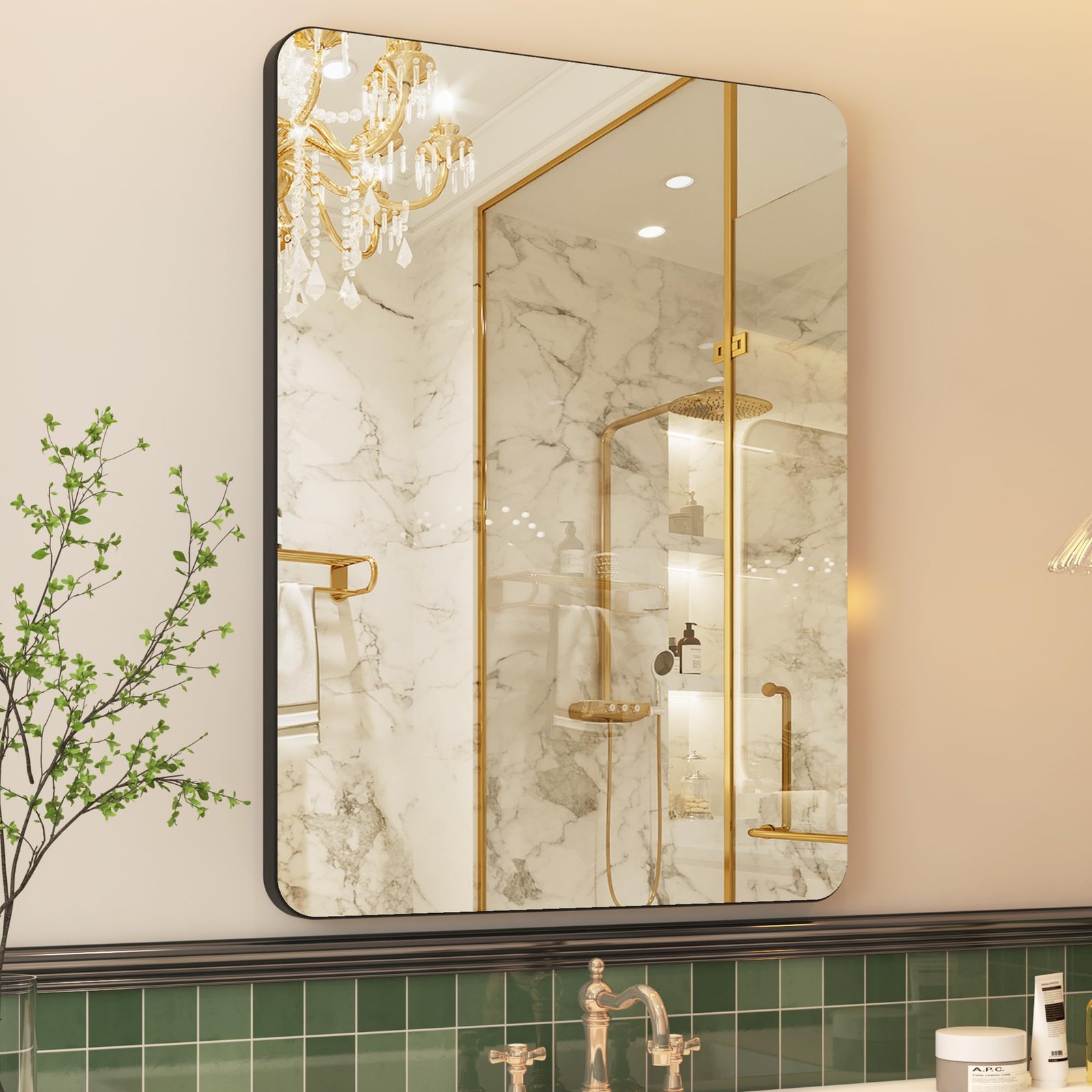 Настенное зеркало DNBSS в черной металлической раме, прямоугольное зеркало с закруглением 24x32