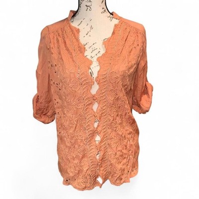 Love Stitch Embroidered Orange Lace Button Up Top Boho Cottagecore Fairycore Sm