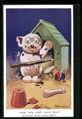 Artist Postcard George Ernest Studdy: Bonzo Plays with a Fountain Pen 
