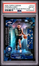 2025 TOPPS CHROME CLUTCH GENE BLUE REFRACTOR #CG-2 STEPHEN CURRY 31/150 PSA 8
