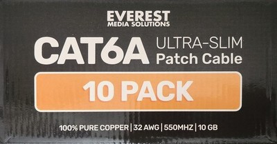 Everest Media Solutions CAT6A Ultra-Slim Patch Cable 10pack 32awg 550mhz 10gb