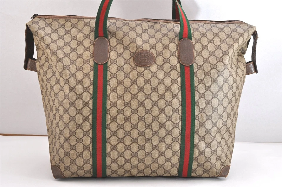 Auténtico Bolso de Viaje GUCCI Web Sherry Line Boston GG PVC Cuero Marrón 4039N Foto 2 de 4