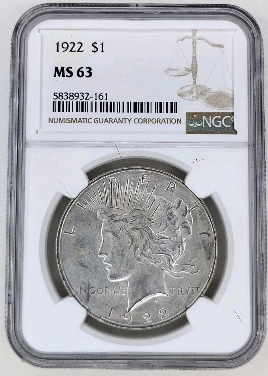 MS 63 Graded 1922 Year NGC Certified Peace Dollars (1921-1935) for