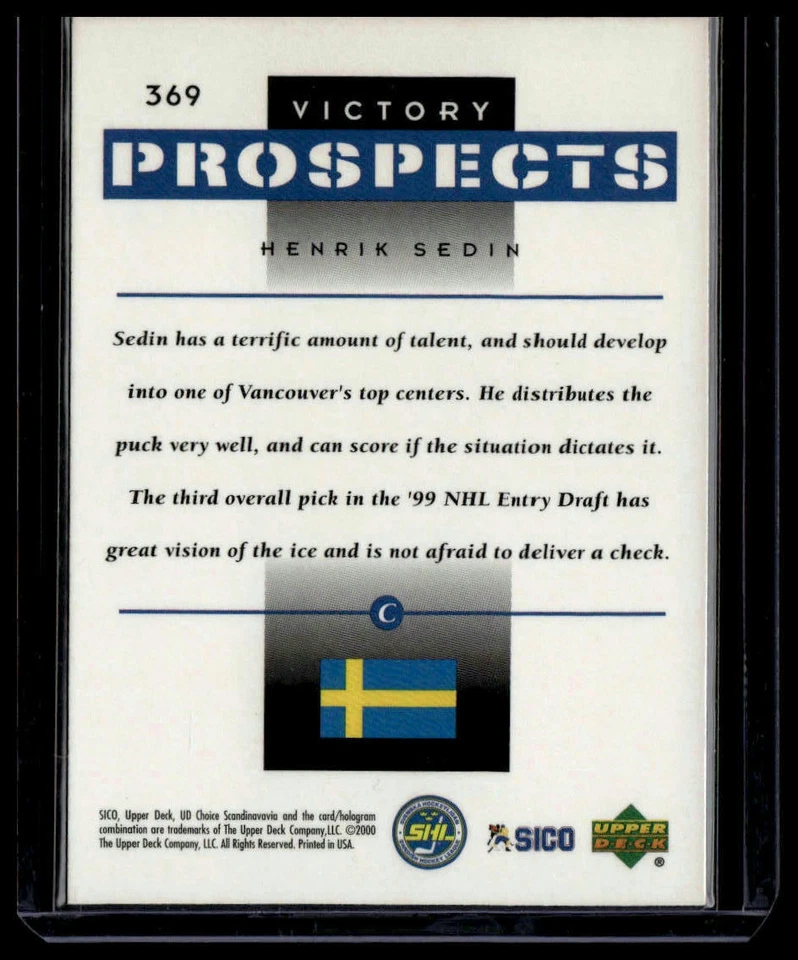 1999-00 Upper Deck Victory #369 Henrik Sedin Canucks Sweden - Image 2 of 2