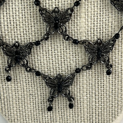 Victorian Style Black Beaded Bib Butterfly Necklace In Black Tone Metal 16” - Picture 3 of 5