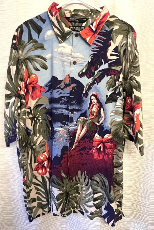 NAUTICA Hula Girl Hawaiian Shirt Linen Aloha Classic Tropical Mens L
