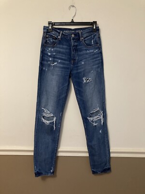 American Eagle Hi Rise Girlfriend Jeans Sz 0 Button Fly Distressed Medium Wash 
