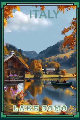 Italy Lake Como Vacation Cabin Lake Fishing  Canoes Art Travel Poster 16 x 24