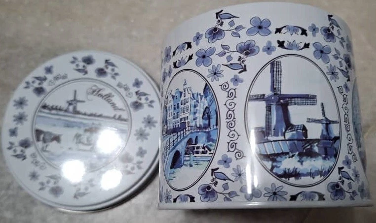 Used EMPTY Holland Porcelain designed Cannister Tin Container Honey Waffles - Image 4 of 4