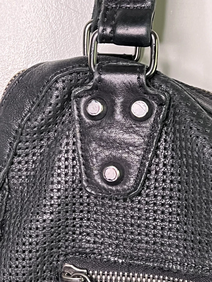 Linea Pelle Collection Black Dylan Perforated Leather Tote Purple Liner Handmade - Image 4 of 4