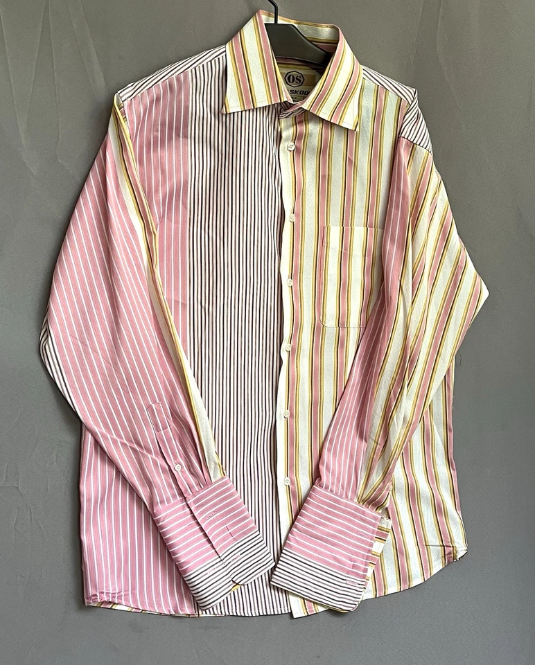 Camisa para hombre OLD SKOOL talla M rosa y amarillo a rayas puños franceses abotonados Foto 2 de 4