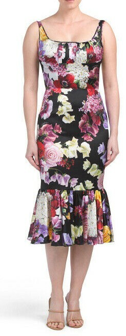 DOLCE & GABBANA Black Floral Midi flounce Dress 44 US8 Made