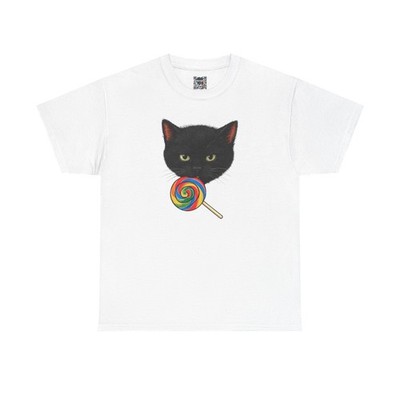 Black Cat with Lollipop Graphic T-Shirt   Cute Colorful Candy Cat Unisex Tee
