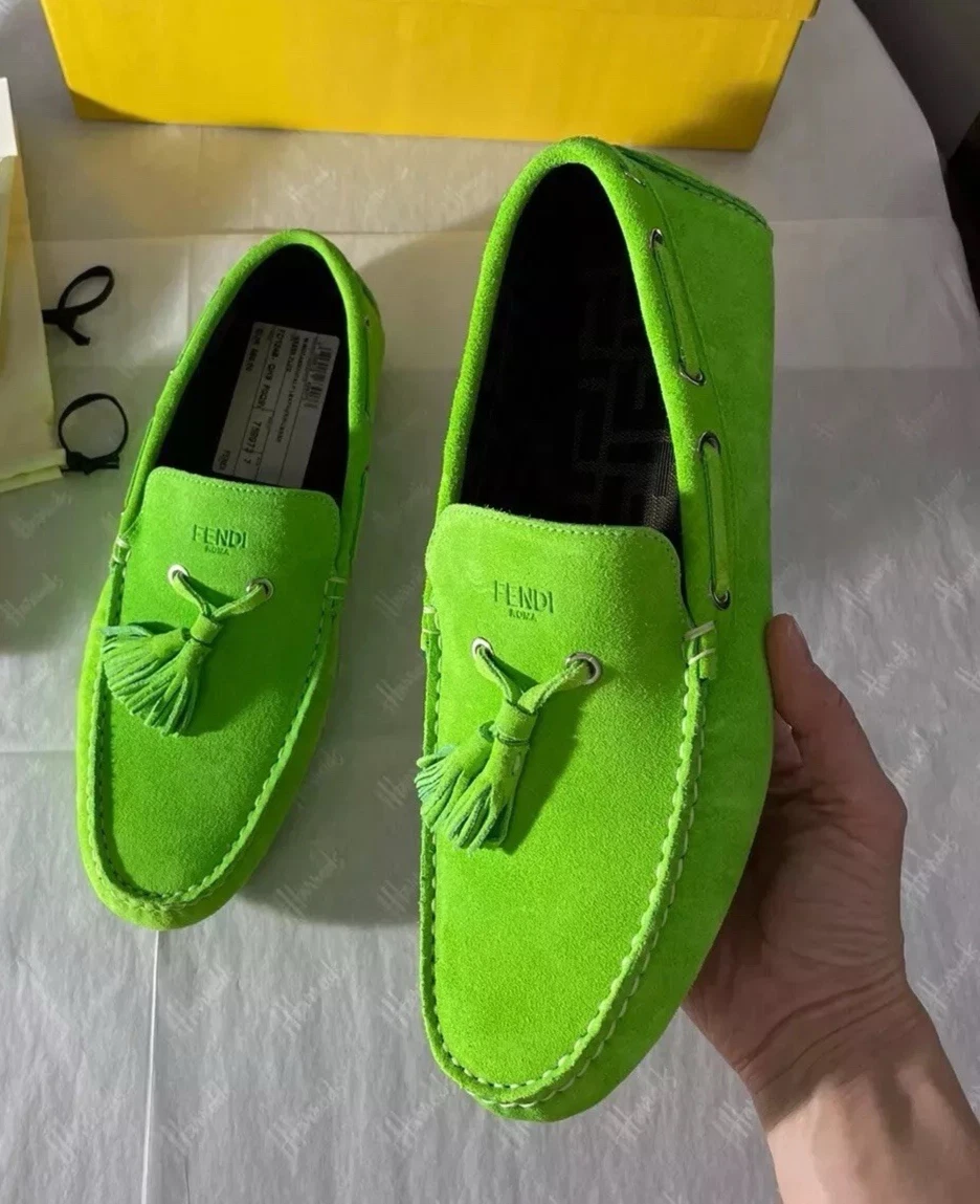 FENDI Neon Green Suede Loafers Driving Shoe Size UK 7 EU 41 RRP £550 NEW