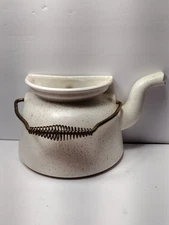 Vtg Hanging Speckle-Glaze Pottery Wall Pocket Teapot Shaped Planter w/Handle