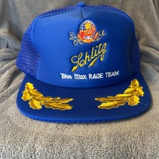 Vintage 80s Schlitz Beer Blue Max Race Team Trucker USA Made Embroidered Hat Cap