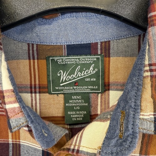 Woolrich Shirt Men L Brown\Orange Plaid Fall Short Sleeve Cotton Button Up - 第 5/7 張圖片