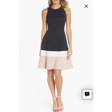 Eliza J Women 14 Navy Blue Pink Colorblock Matelasse Fit Flare Dress Sleeveless